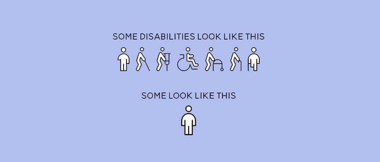 A diverse group of icons of individuals in front of a blue background with the text: Some disabilities look like this. Some look like this.