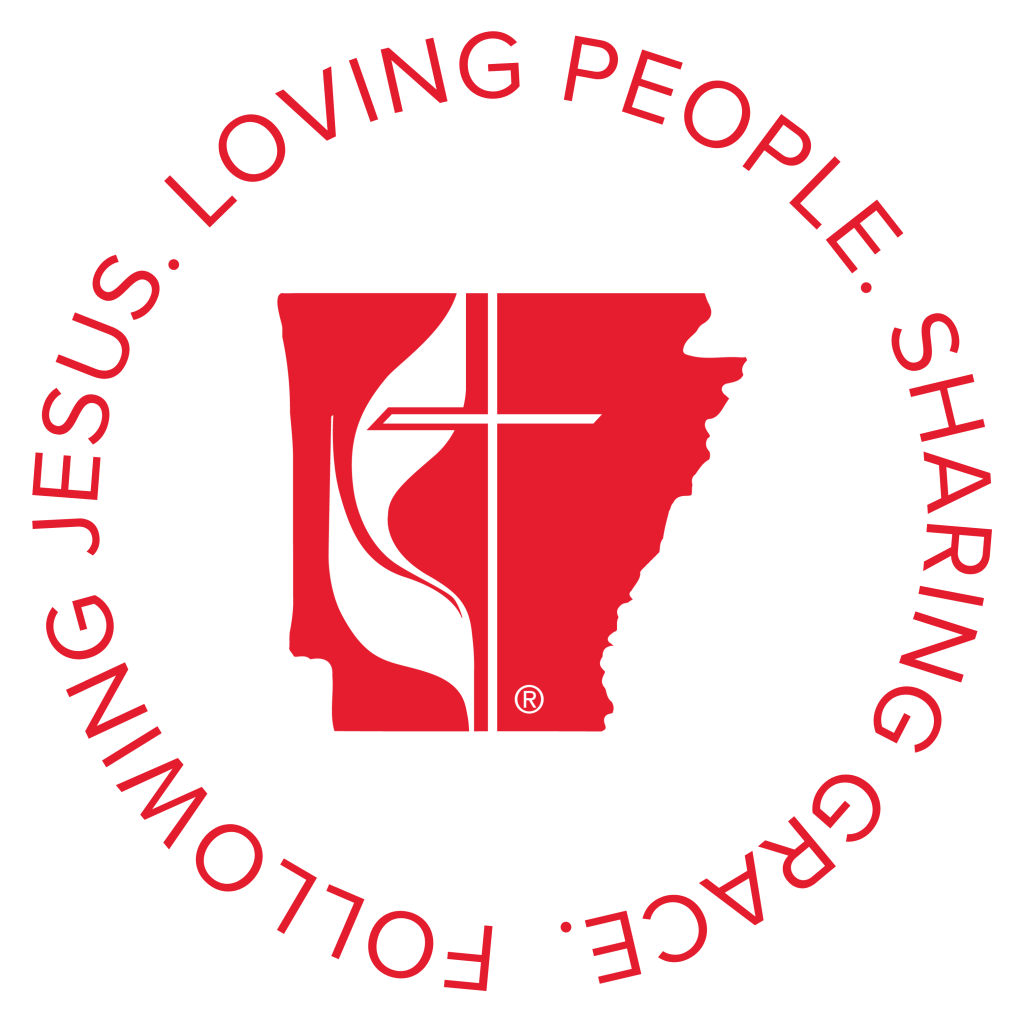 Shape of Arkansas in red, with the UMC logo inside in white. In a circle around this are the words, Following Jesus, Loving People, Sharing Grace