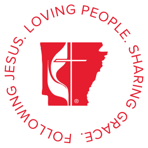 Shape of Arkansas in red, with the UMC logo inside in white. In a circle around this are the words, Following Jesus, Loving People, Sharing Grace