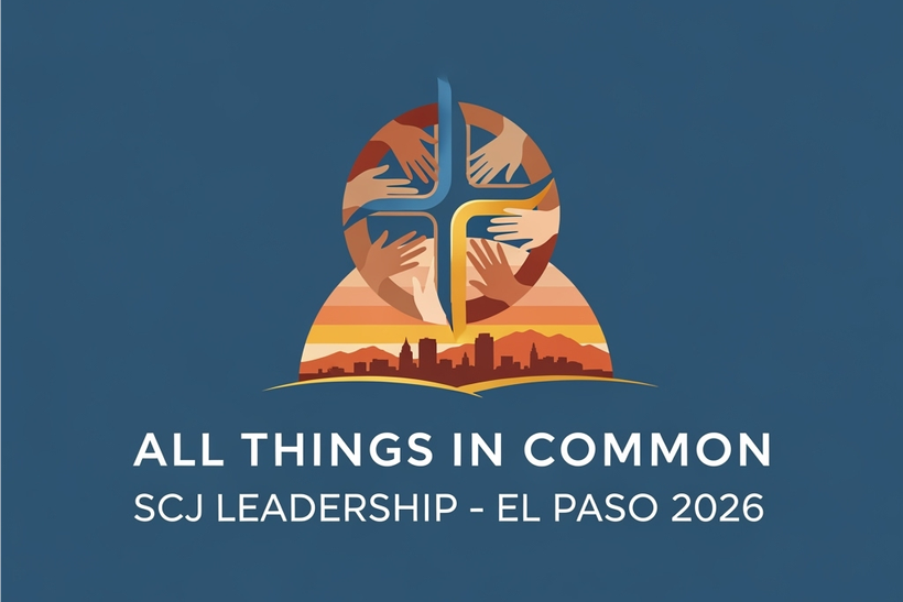 Graphic with a blue background and an image in shades of browns and yellows depicting  hands reaching for each other over the silhouette of a city skyline. Underneath the picture text appears reading, All Things in Common SCJ Leadership - El Paso 2026