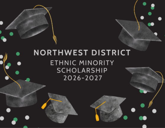 Image of graduation caps surrounding text reading Northwest District Ethic Minority Scholarship 2026-2027.