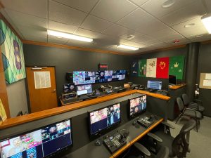 Photograph of a modern broadcast production room.