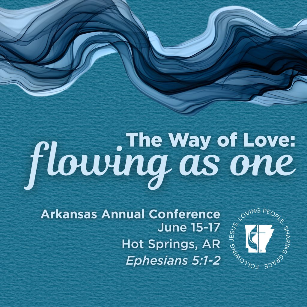 Blue background and wavy, flowing design in shades of blue with the words, The Way of Love: Flowing as One