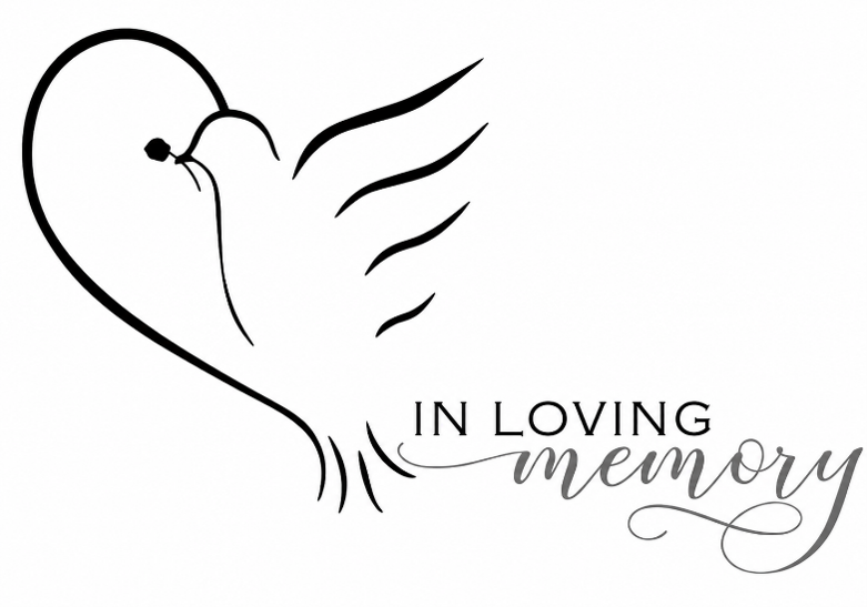 Stylized dove with half a heart shape for one wing. Next to it are the words, In Loving Memory