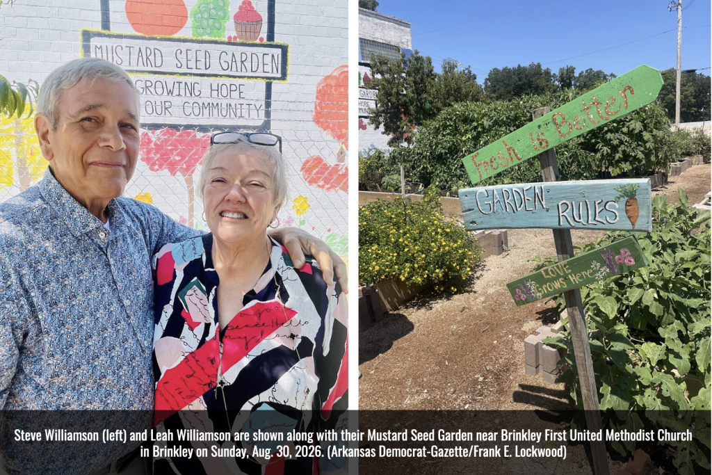 Two photographs: One showing a smiling m an with his arm around a smiling woman; the other showing a fingerpost with signs reading, "Fresh is better," "Garden rules" and "Love grows here."